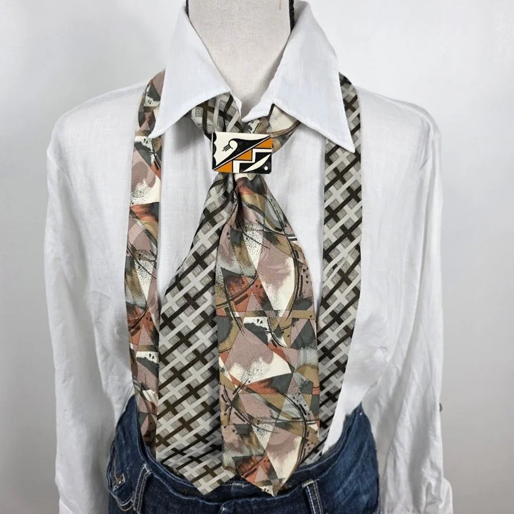 Upcycled  Scarf Tie Women‎ OS Brown w Brooch Artsy